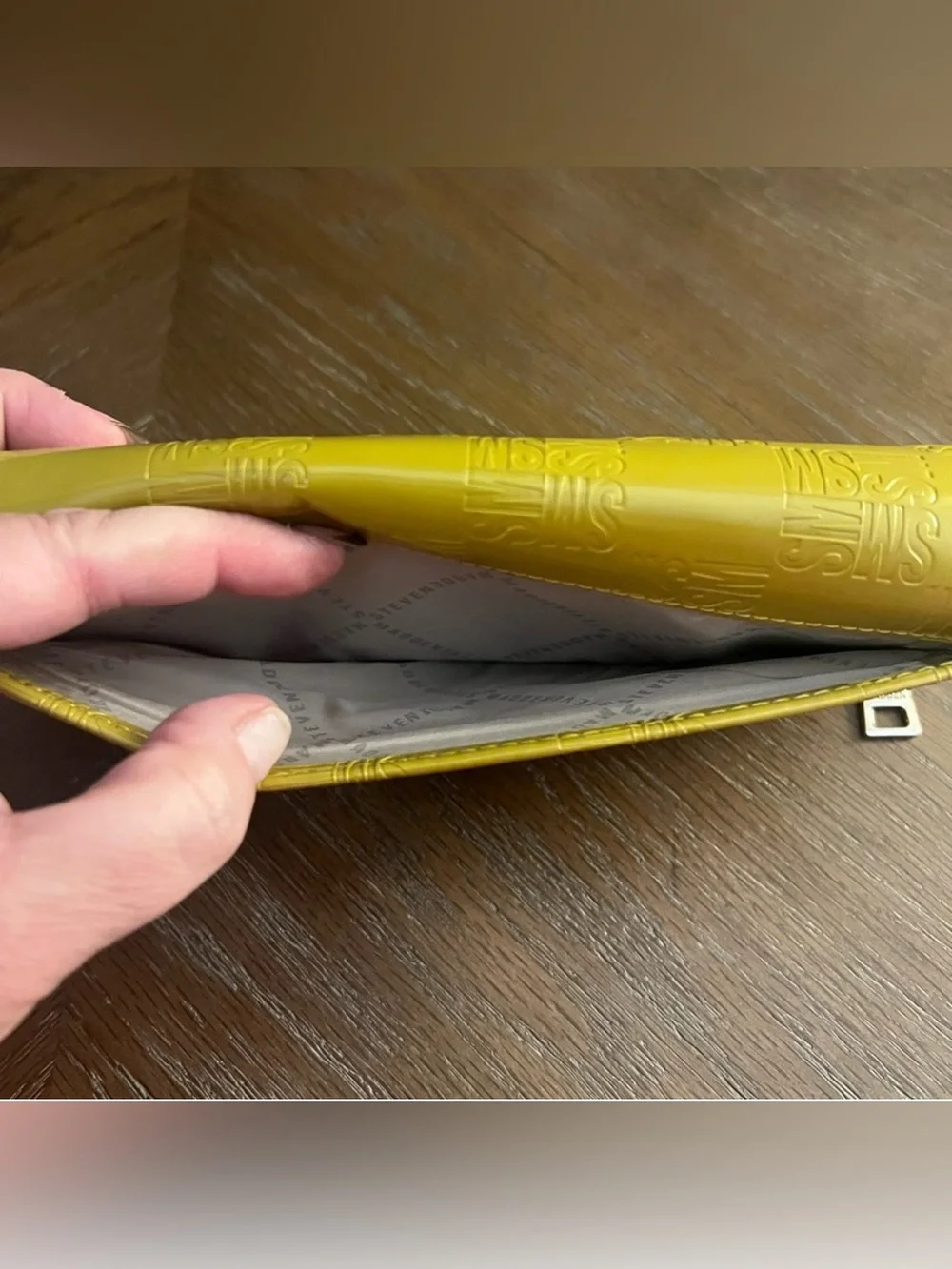 Steve Madden Mustard Yellow Stamped SM Logo Zip Around Trifold Snap Wallet